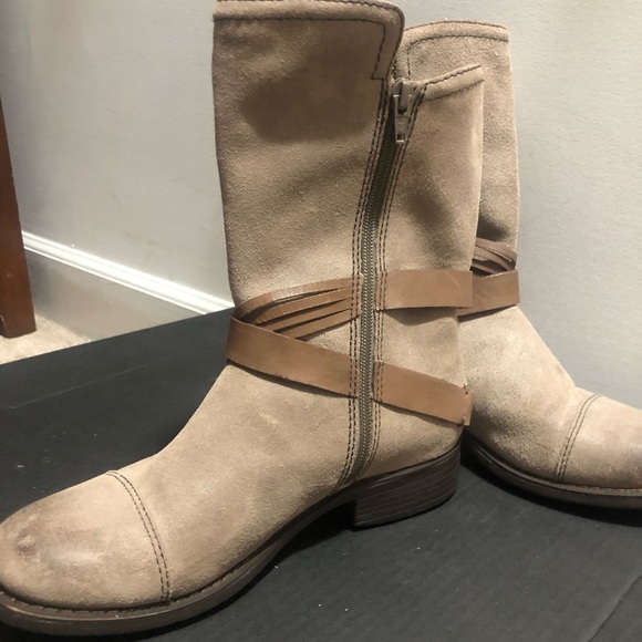 OTBT Shoes - OTBT mid calf Moto boot. These are a grayish taupe color.